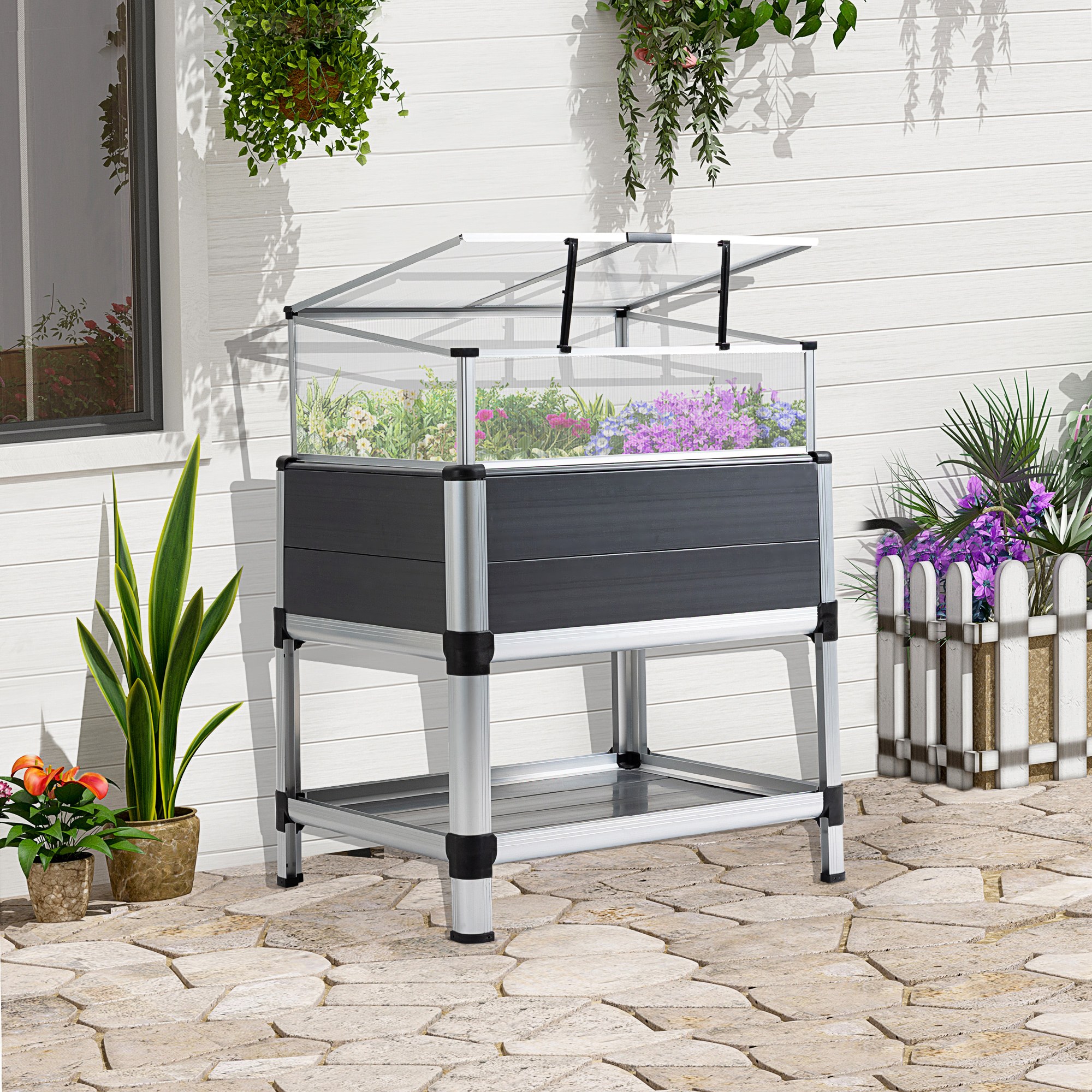 Jardineira elevada Outsunny para jardim urbano, em alumínio, 78,5 x 61 x 99,5 cm, com tampa de policarbonato, teto articulado e prateleira inferior para cultivo de plantas e flores, cinza.
