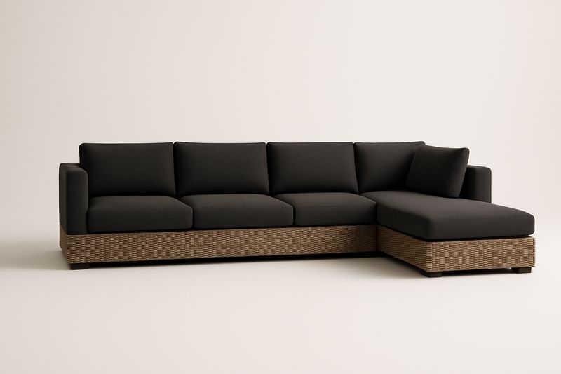 Garten-Ecksofa mit PE-Rattan-Untergestell und Polyesterkissen, Schwarz