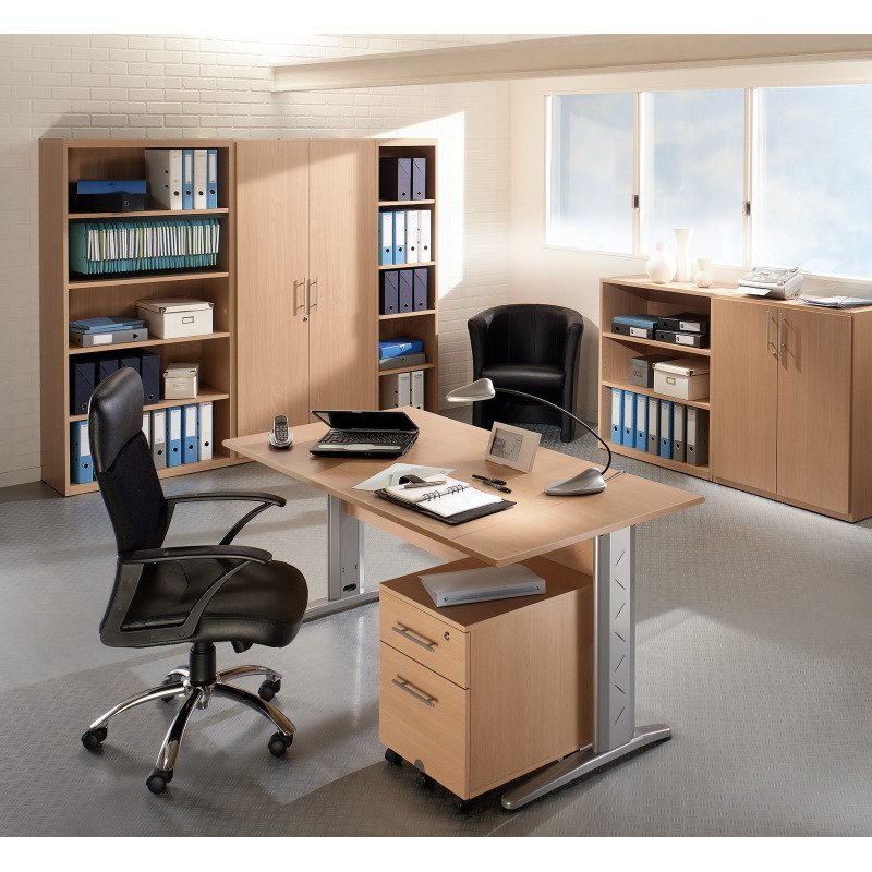 Pack bureau droit hêtre pied L métal + caisson mobile 3 tiroirs Altys