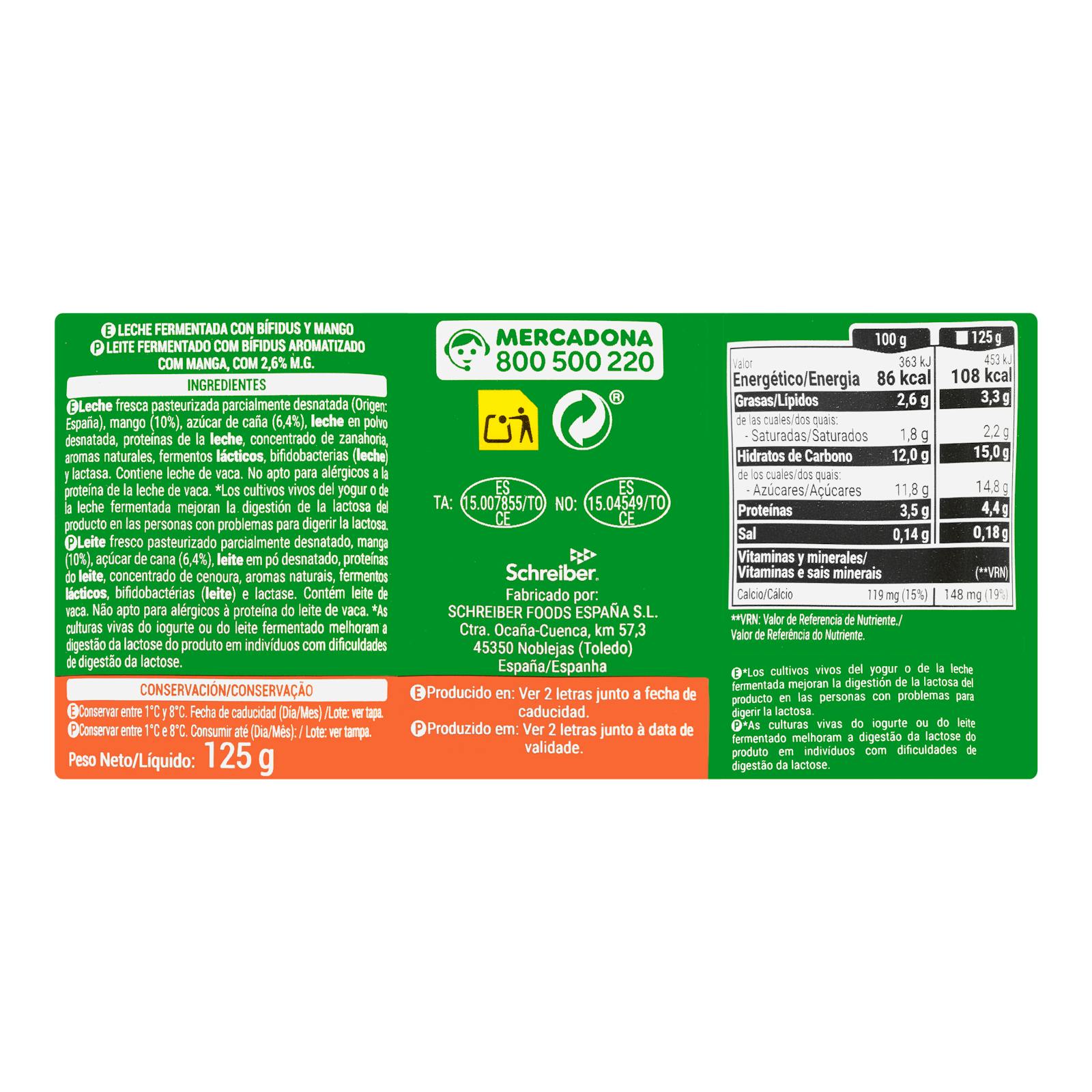 Bifidus probiotique à la mangue Hacendado