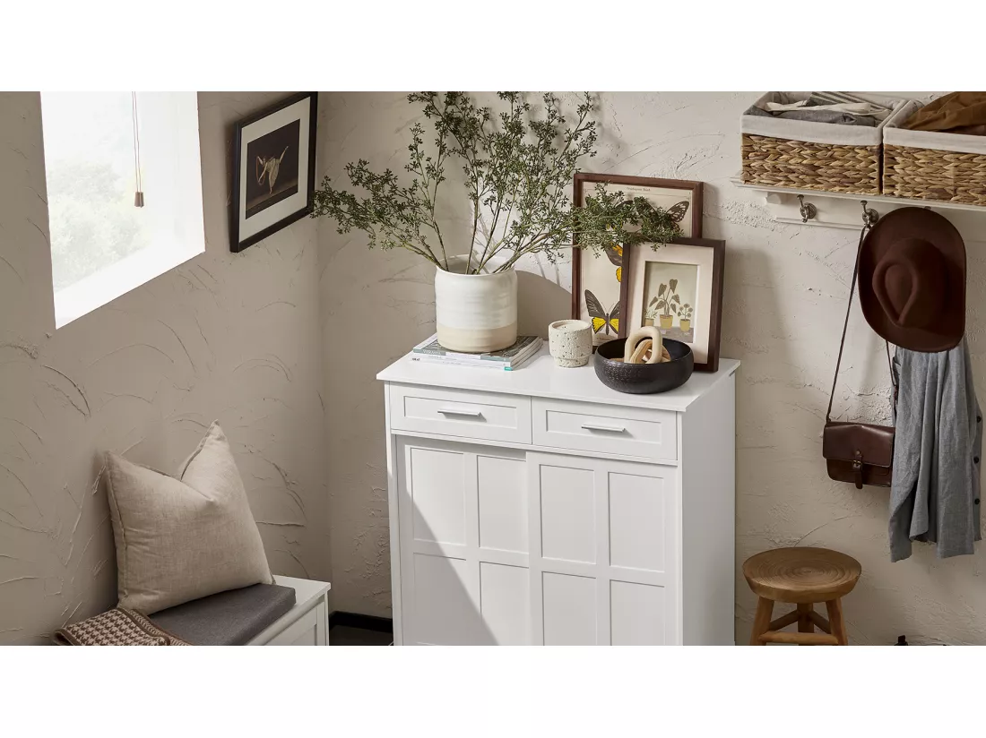 SoBuy FSB84-W Meuble de Rangement Meuble d’entrée Meuble à Chaussures Armoire Multi-rangements avec 2 Tiroirs et 2 Portes Coulissantes