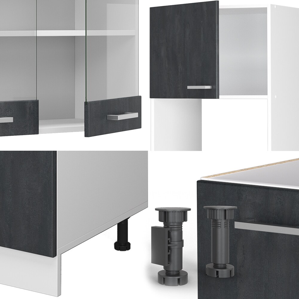 Vicco Eckküche R-Line 247x237 cm Schwarz Beton Weiß mit Arbeitsplatte Weiß Marmor