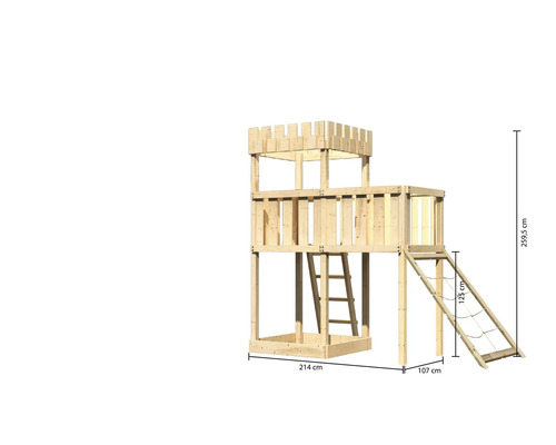Speeltoren/speelhuis Karibu, 107 x 107 cm, van hout, bestaande uit een aanbouw en een nethelling.