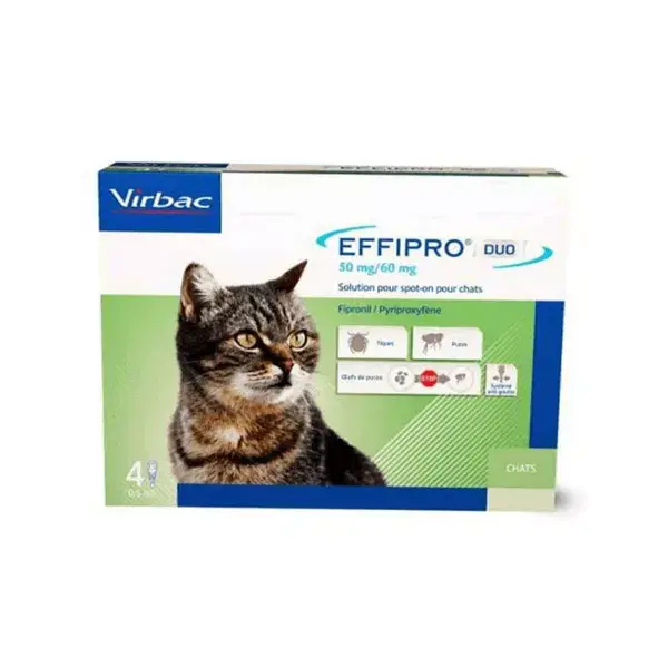Inseticida Virbac Effipro Duo para Gatos, pipeta aplicadora, caixa com 4 unidades
