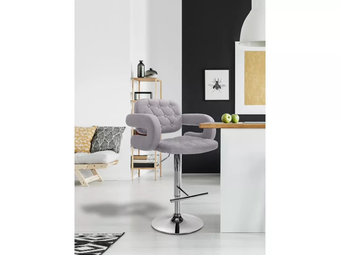 Lot de 2 Tabouret de bar - Tissu & Métal chromé - Gris - Dublin