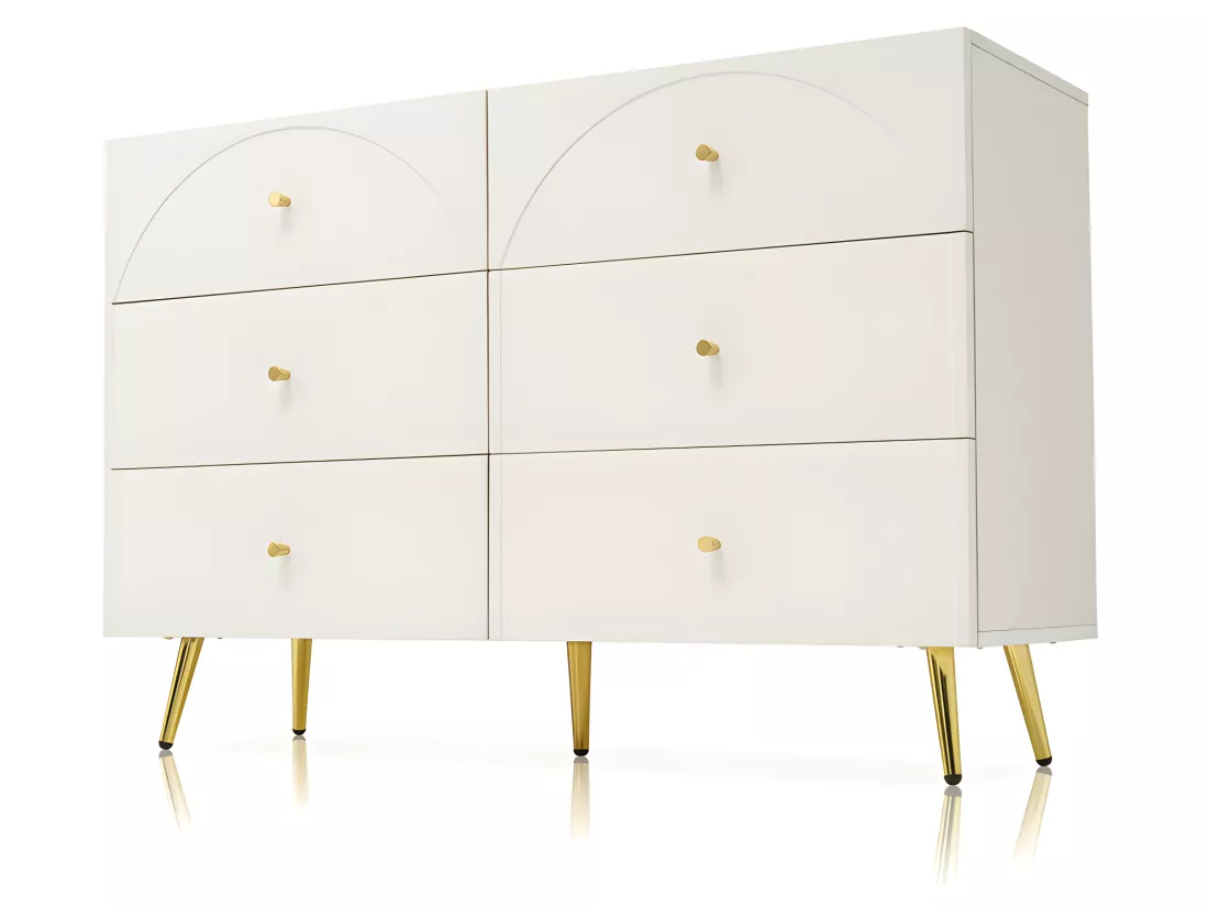 Commode avec 6 tiroirs - pieds dorés - en Panneaux de particules - Blanc