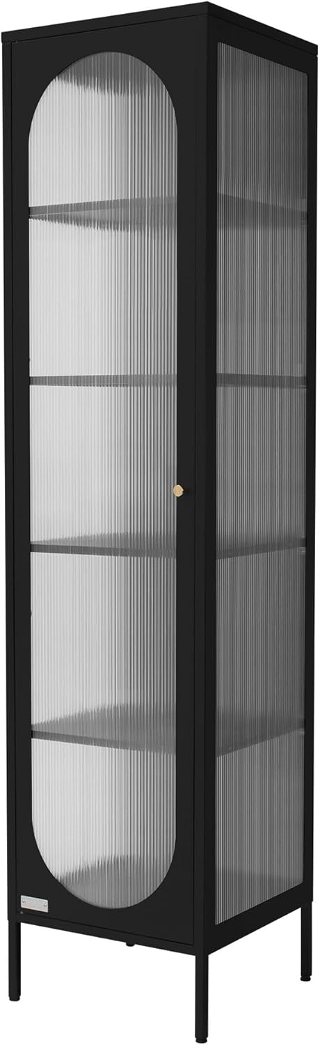 ML-Design Vitrinenschrank 42x175x40 cm, Schwarz, Schmale Vitrine mit 5 Ablagen und 1 Tür, Wohnzimmer Metallschrank aus Stahl, Industrieller Stil, Hochschrank Bücherschrank Aktenschrank Büroschrank