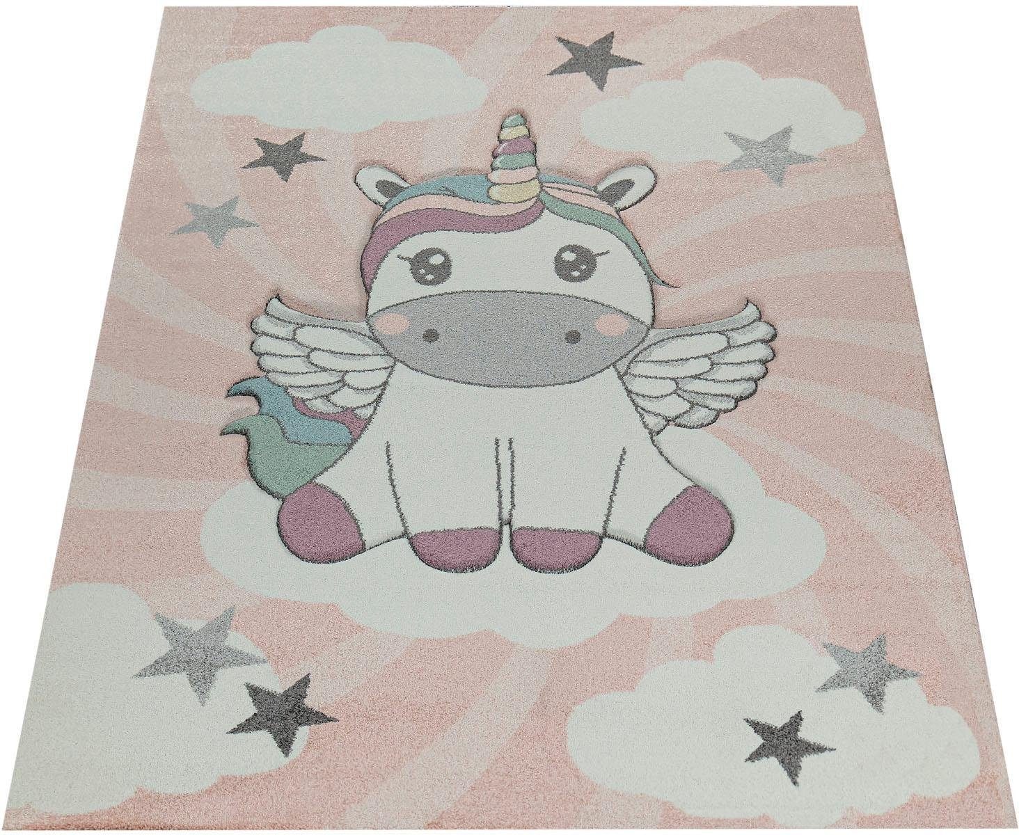 Paco Home Kinderteppich »Cosmo 395« rechteckig 12 mm Höhe 3D-Design, niedliches Einhorn Motiv, Pastell-Farben, Kinderzimmer