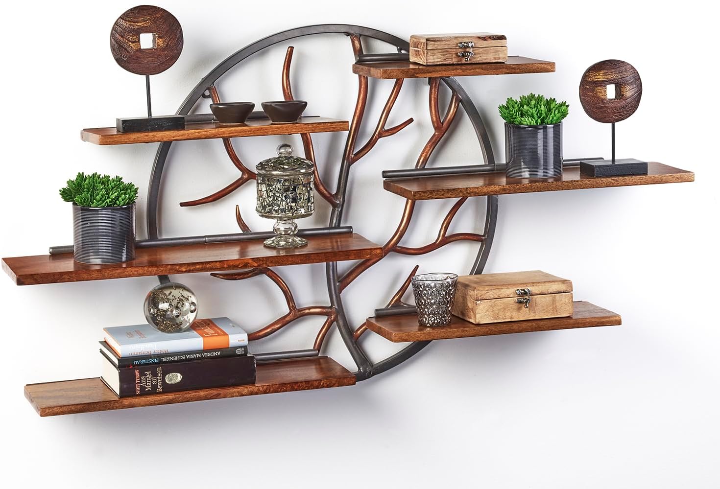 Kobolo Wandregal Eden 115x18x81 cm, Regal aus Mangoholz & und rundem Metallring im Baumdesign, 6 Ablagen, dekoratives Unikat für Wohnzimmer, Flur & Büro, modern, rustikal & naturinspiriert
