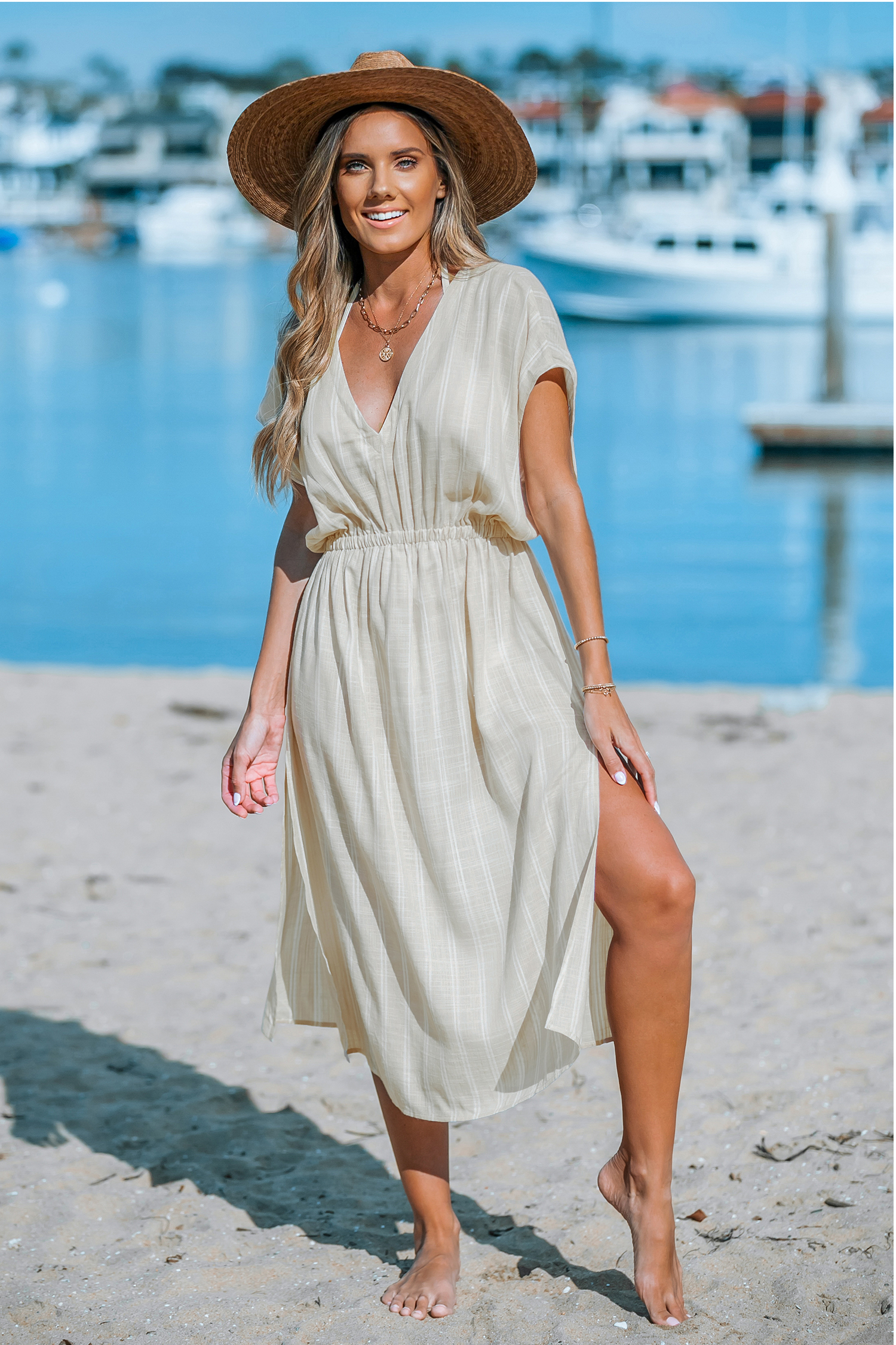 Robe cover up midi avec manches dolman à rayures et ourlet fendu