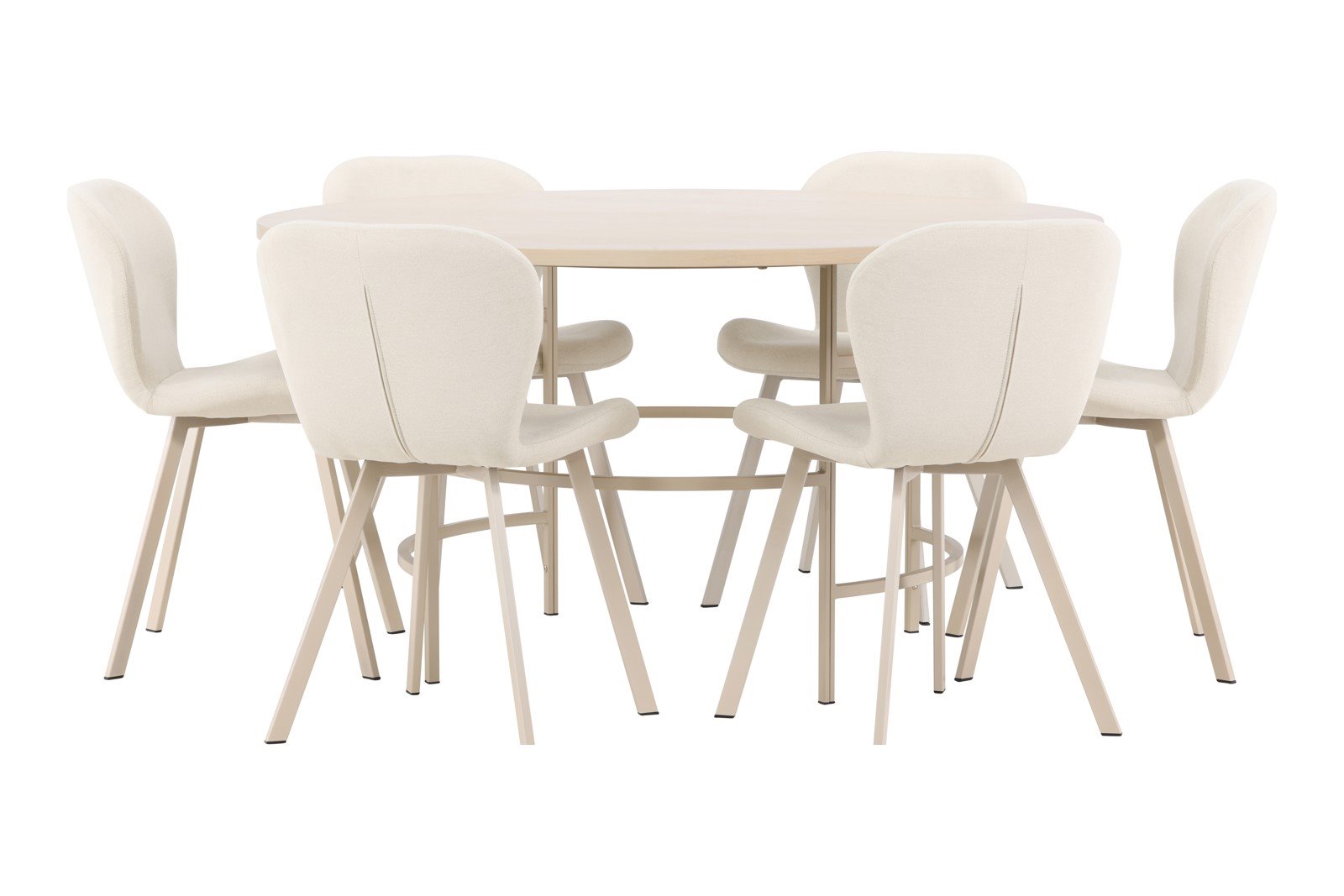 Copenhagen og Lilja Spisegruppe Copenhagen rundt spisebord Ø140 cm i hvit polert med 6 stk. Lilja spisestoler i Beige spisestoler og hvite ben.