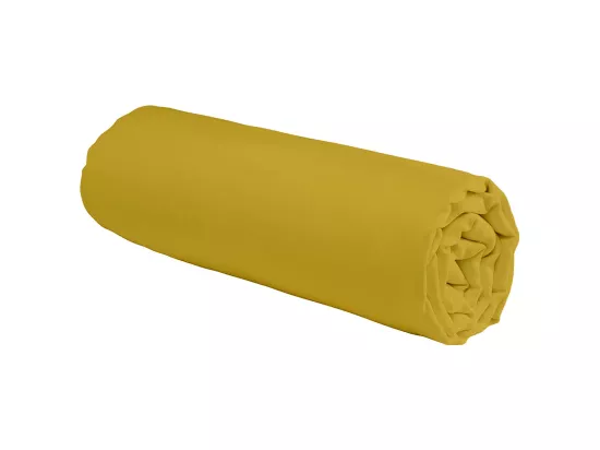 Drap housse en coton 57 fils uni jaune moutarde 90x190cm