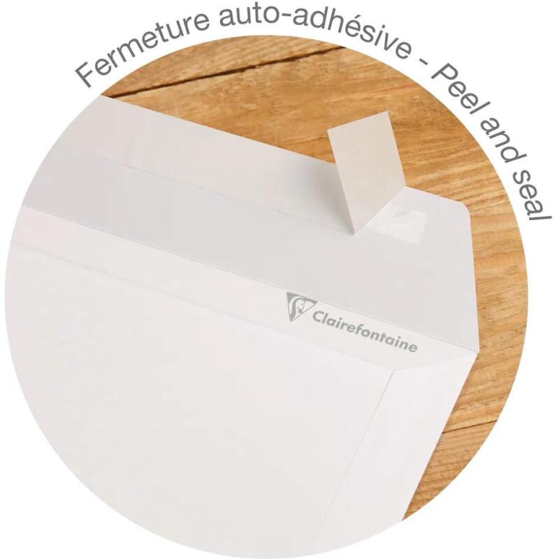 Boite de 250 Pochettes Blanches C4-229x324 mm - Auto-Adhésives -120g/m2- Fenêtre Papier Cristal 50x100 (position 50/20) - Blanc