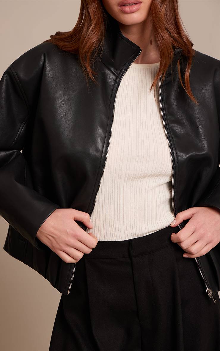 Noir Blouson Aviateur En Synthétiquecuir À Col Montant Avec Dos Froncé