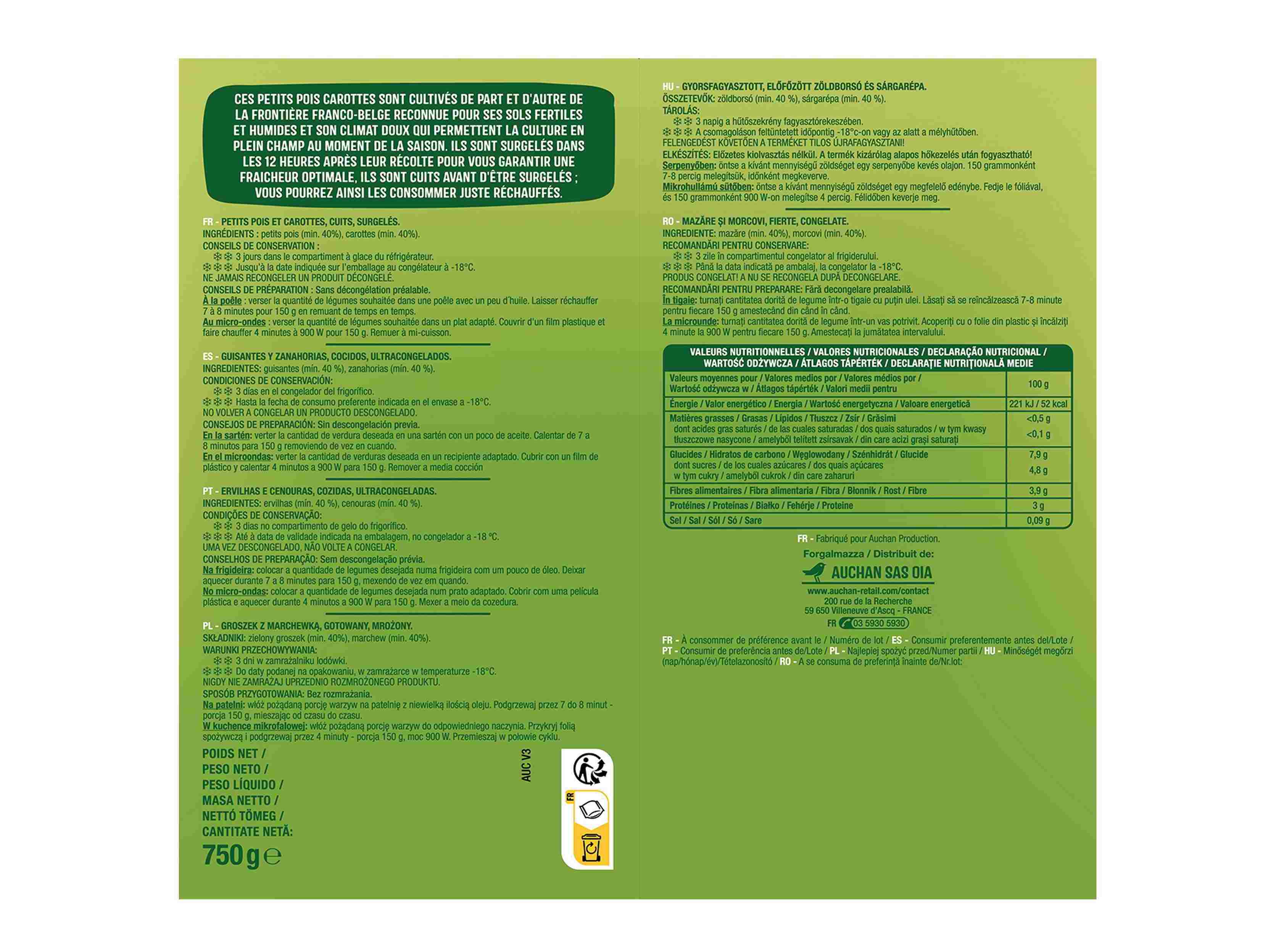 ERVILHAS E CENOURAS AUCHAN COZIDAS ULTRACONGELADAS 750G