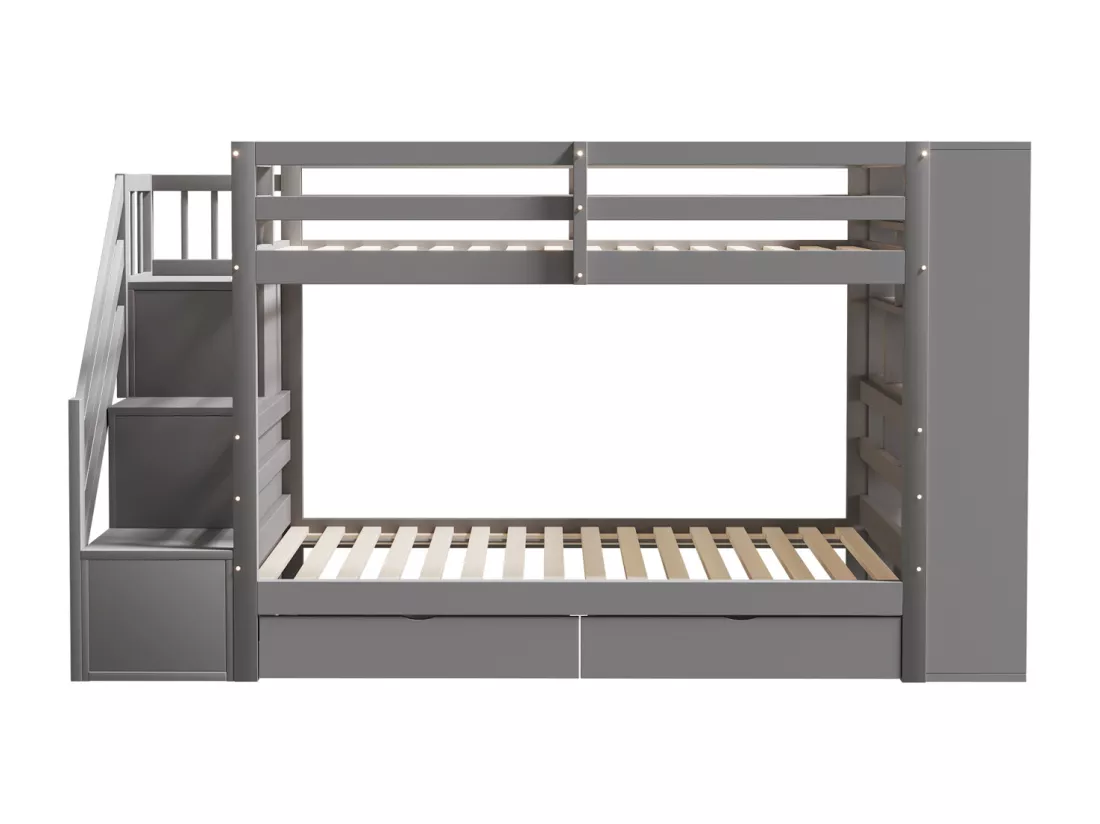 Lit superposé 90x200cm - lit enfant avec 2x sommier à lattes, escalier avec rangement, 2 tiroirs et grands casiers - lit en pin Gris