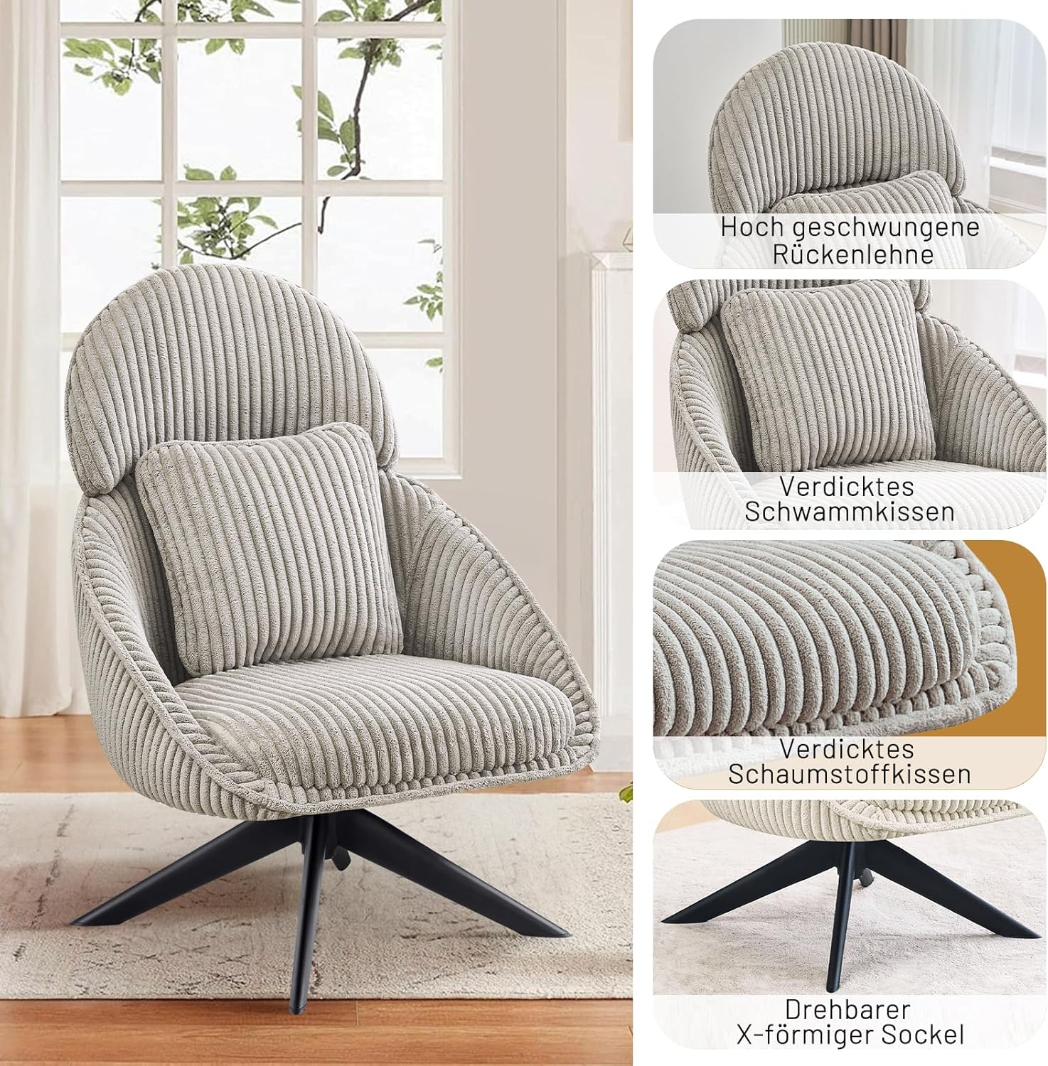 Loungesessel Sessel Wohnzimmer 360°Drehbar, Ohrensessel Armlehnstuhl Polsterstuhl mit dickem Abnehmbares Wurfkissen, Relaxsessel Lesesessel für Wohnzimmer Schlafzimmer Büro, Grau