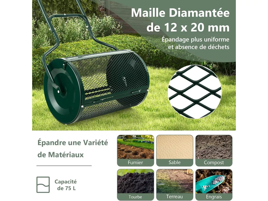 Épandeur à Compost de 60 cm Rouleau en Treillis Métallique, Épandeur de Gazon avec Poignée en Forme de ‘U’ Loquets Latéraux, pour Entretien du Jardin et Pelouse Vert