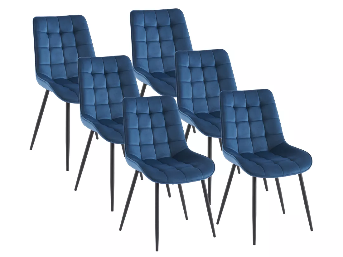 Lot de 6 chaises matelassées - Velours et métal noir - Bleu nuit - OLLUA