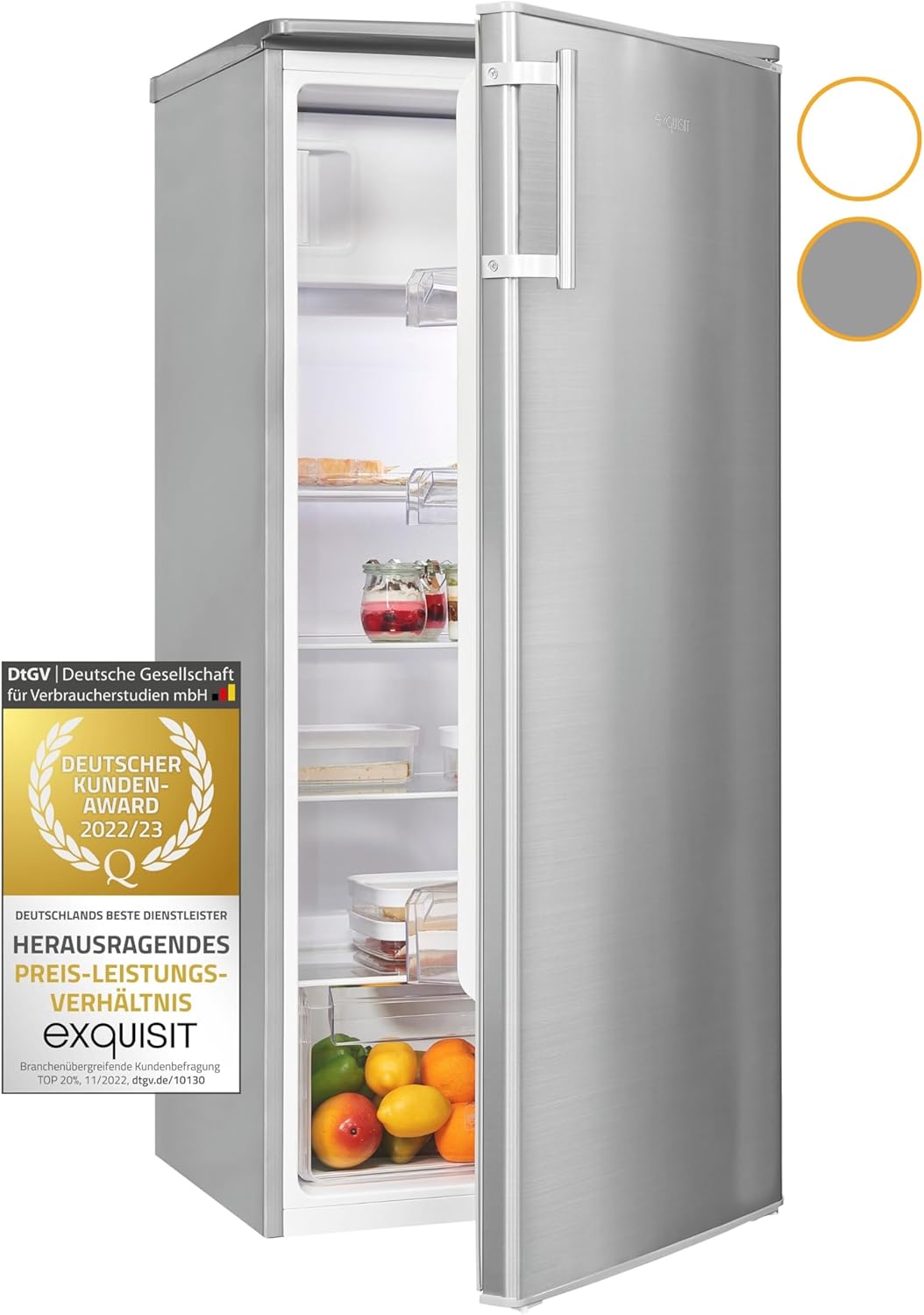 Exquisit Kühlschrank KS185-4-HE-040E inoxlook | 190 l Nutzinhalt | Alarm | Türanschlag wechselbar | 55 cm Breite
