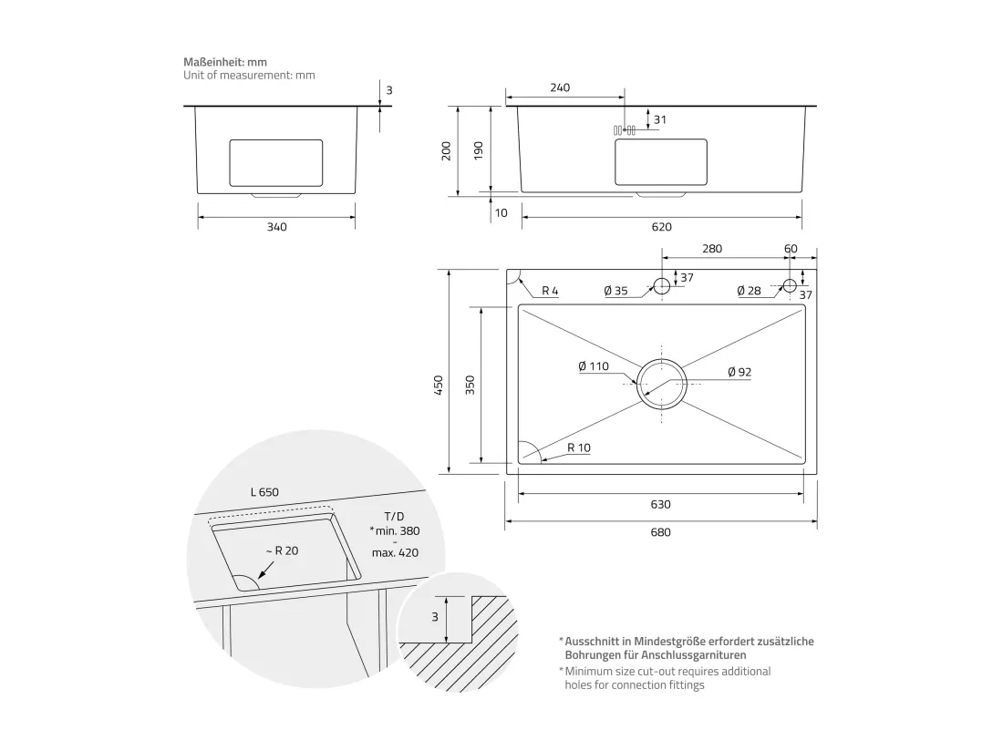Évier à encastrer anthracite 68x45cm vidage distributeur savon+ panier-égouttoir