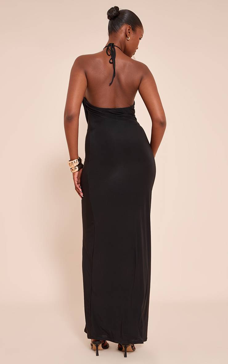 Noir Robe Longue Drapée En Tissu Satiné À Col Licou