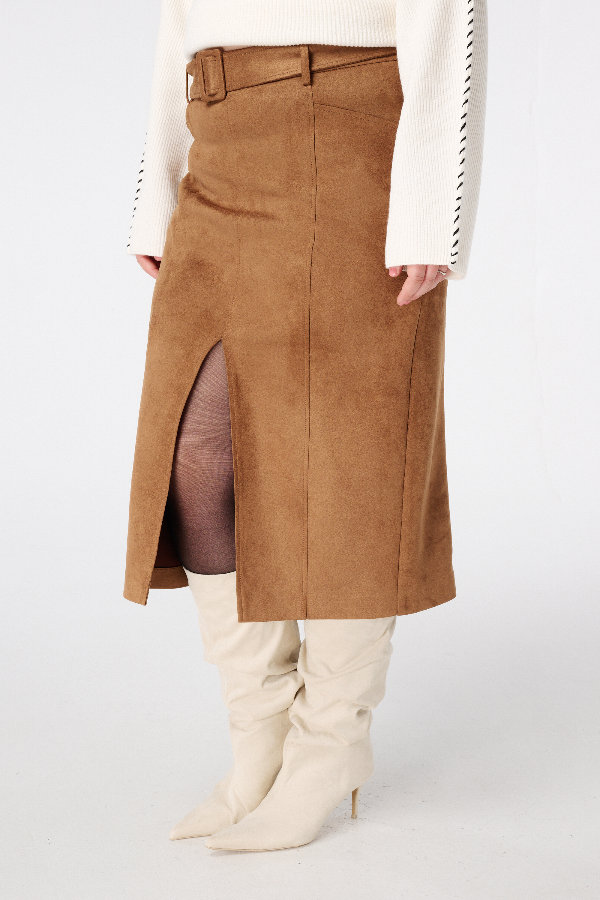 Midi rok in suède look met riempje Cognac