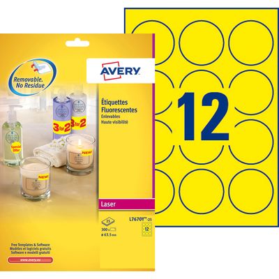 Avery - 300 Étiquettes adhésives rondes jaune fluo - diamètre 63,5 mm - Impression laser - réf L7670Y-25
