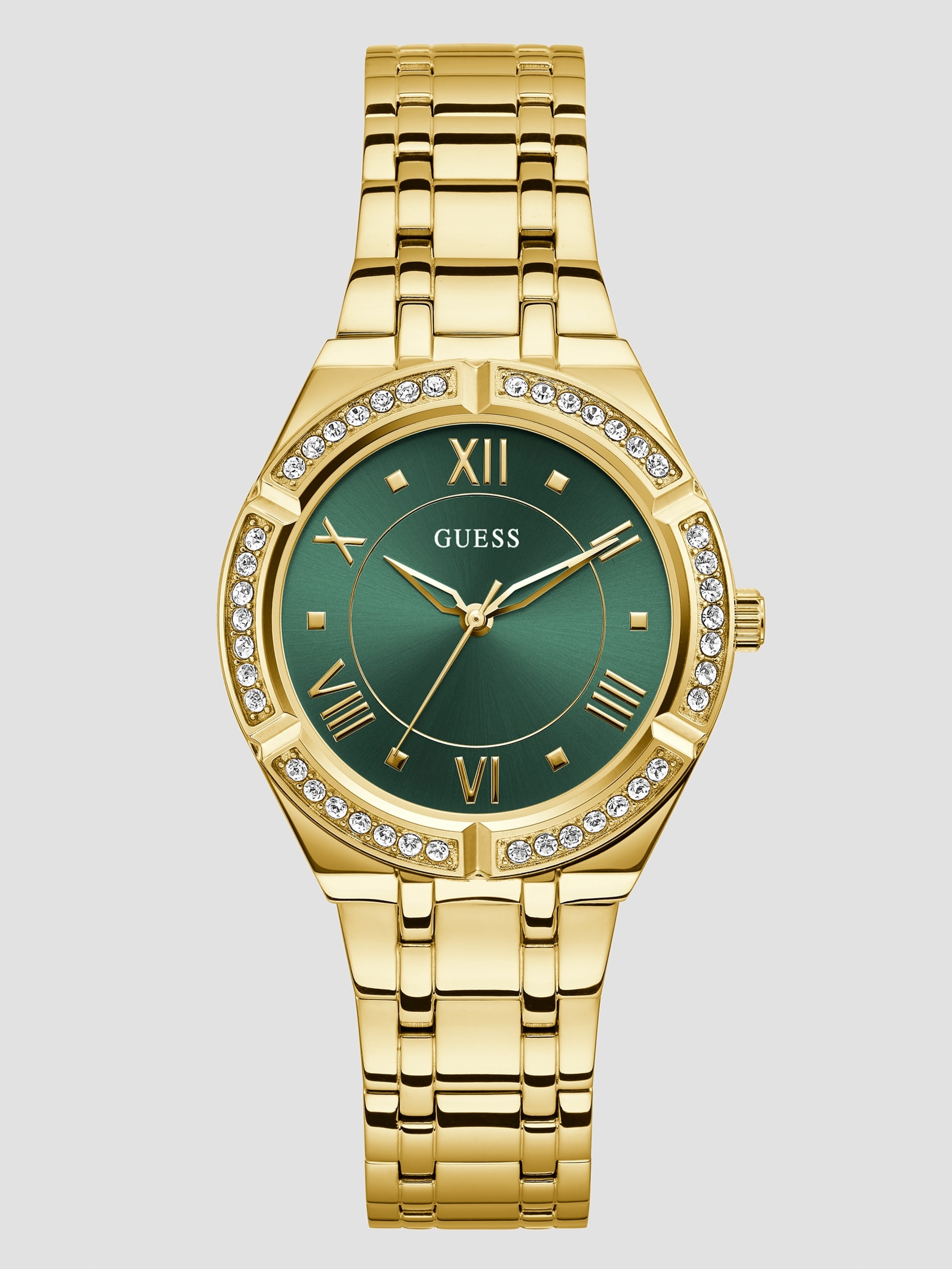 Relógio analógico dourado e verde