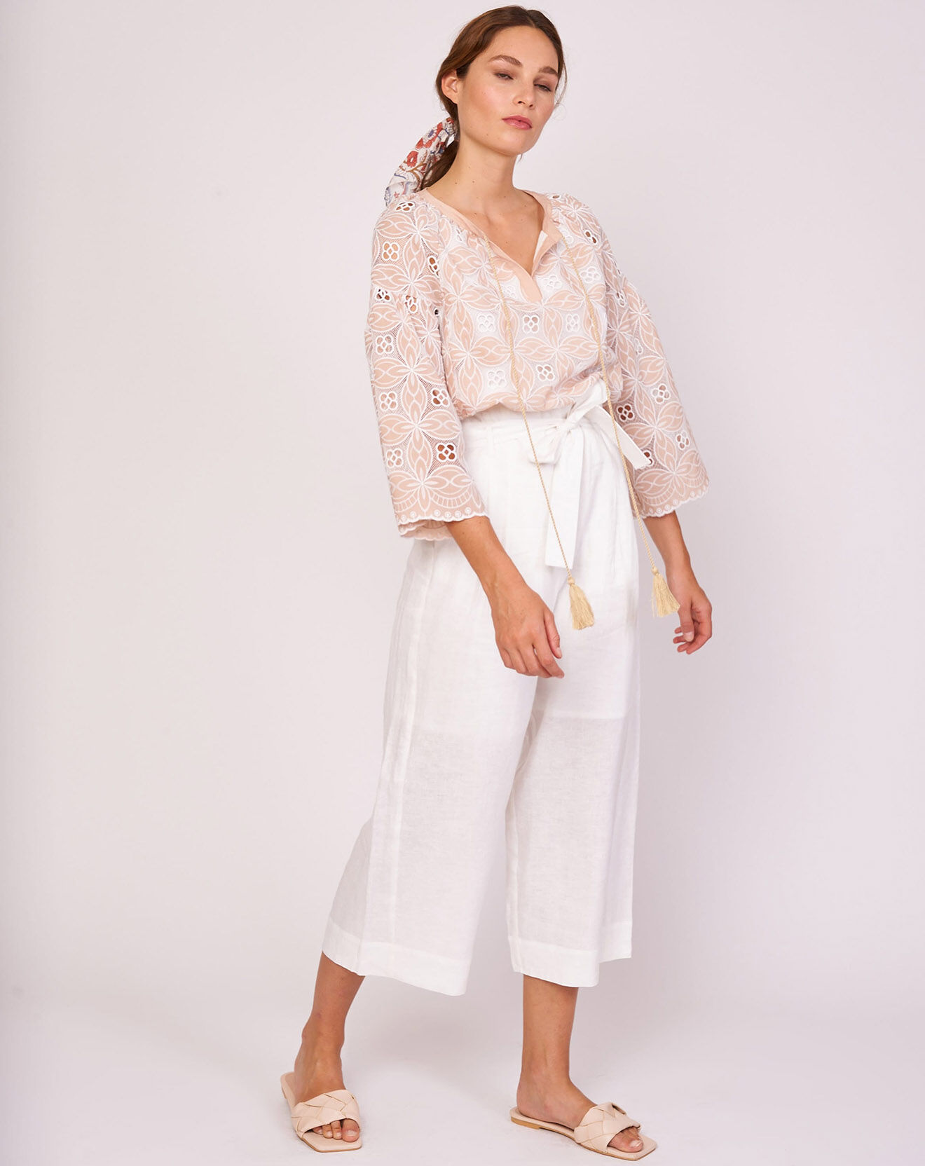 Derhy Pantalon 100% Lin Jalouse blanc
