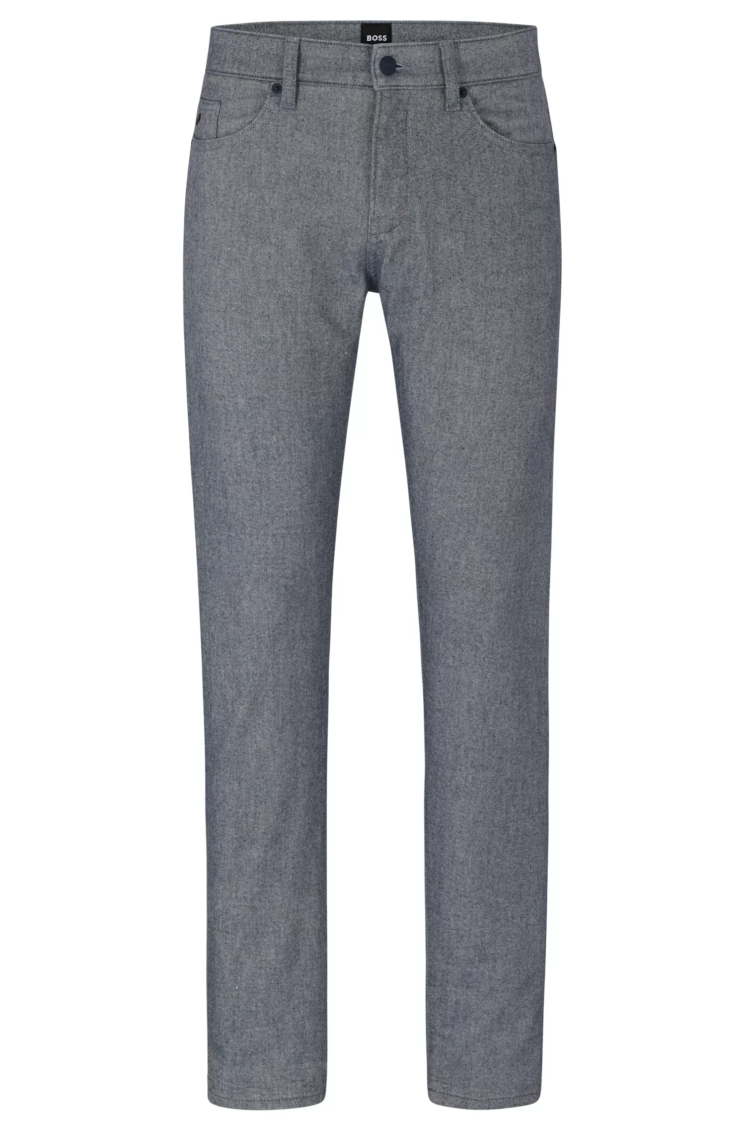 Calça jeans BOSS preta, corte slim, em sarja escovada bicolor.