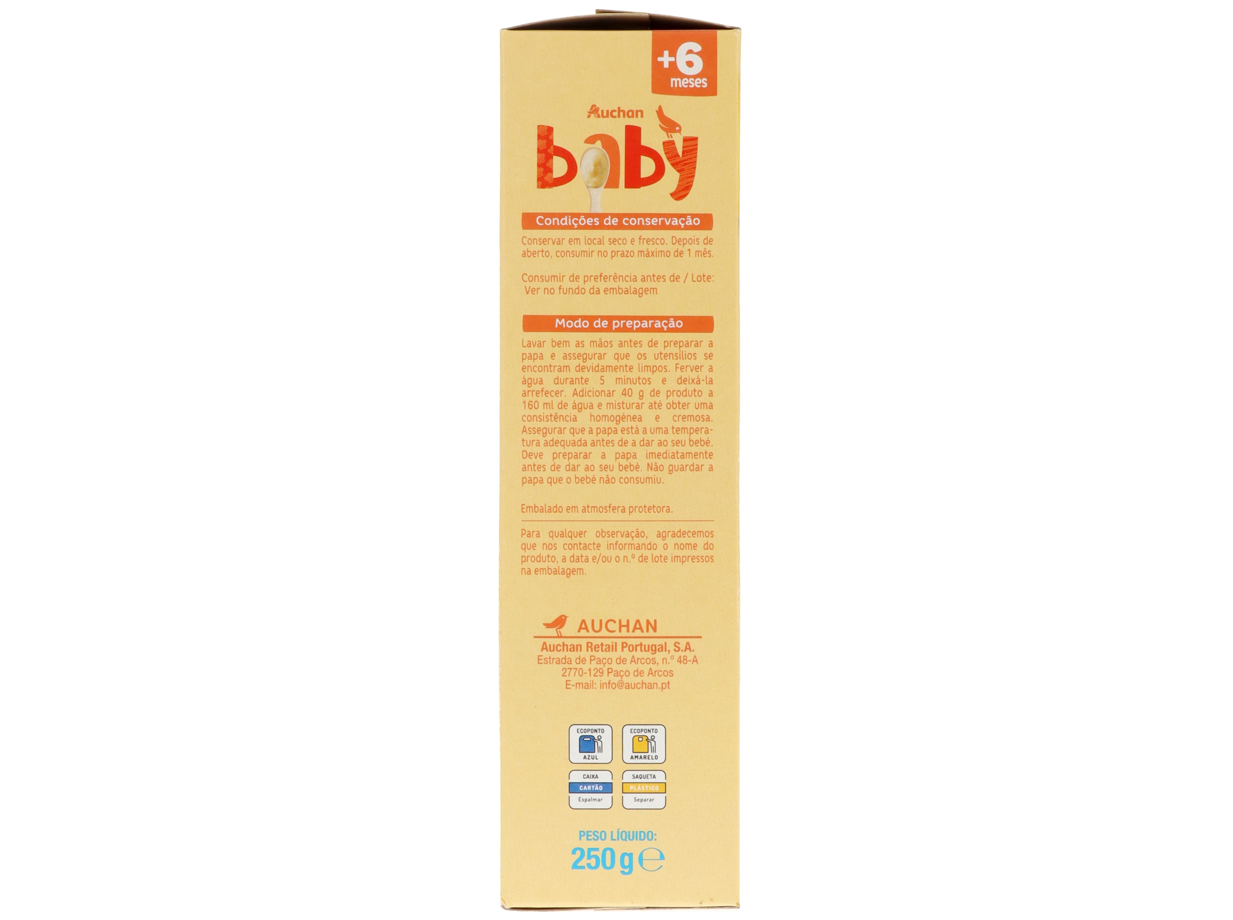 PAPA INFANTIL AUCHAN BABY LÁCTEA AVEIA MANGA E BANANA 250G