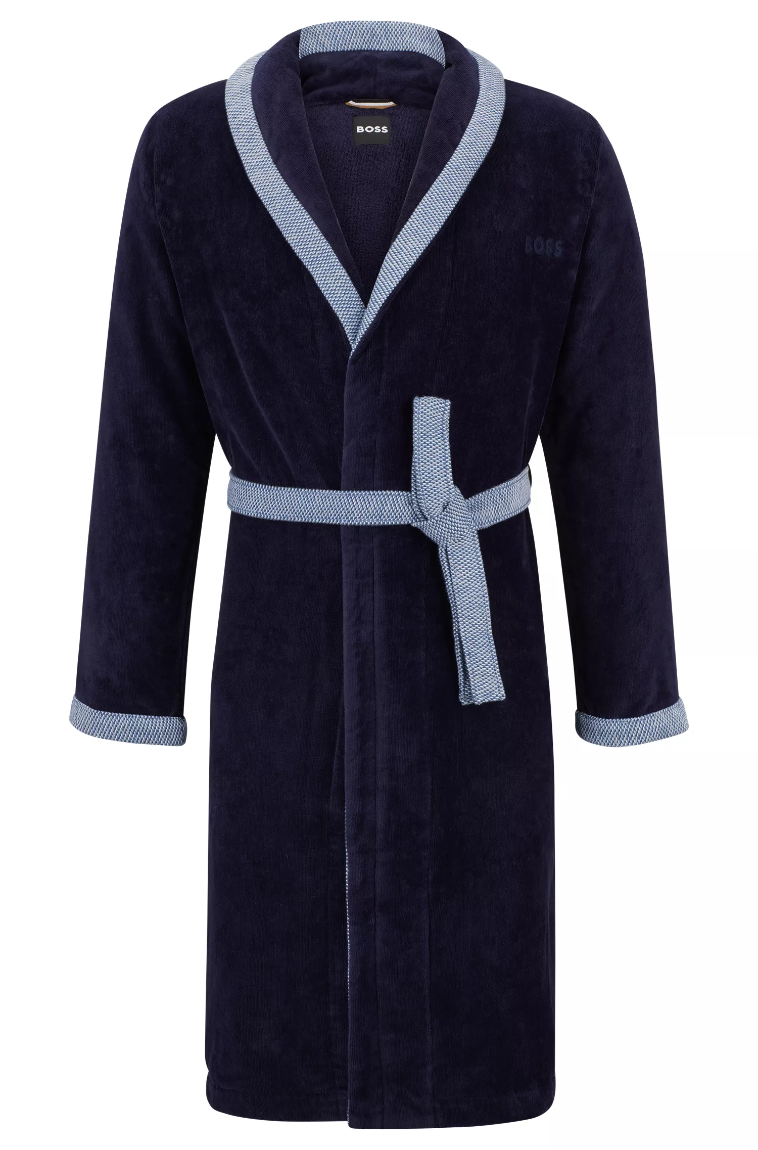 Robe de algodão aveludado preto e azul-marinho da BOSS com logotipo bordado.