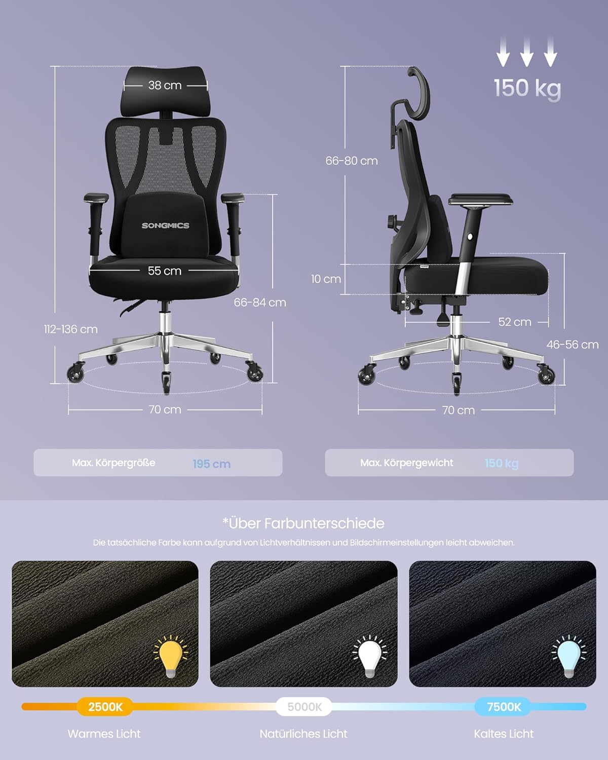 SONGMICS Bürostuhl ergonomisch, Schreibtischstuhl, Gaming-Stuhl, verstellbare Lenden-, Kopfstütze, Armlehnen, für Verschiedene Körpergröße, bis zu 150 kg belastbar, tintenschwarz OBN067BH01