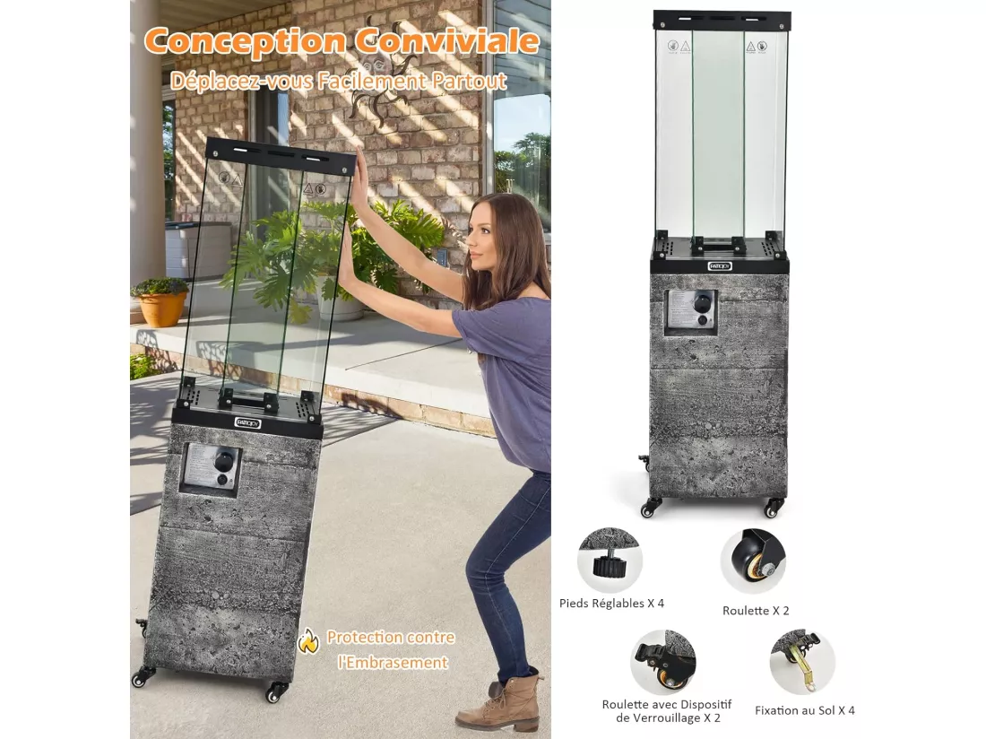 Chauffage de Terrasse Gaz 12 KW en Acier avec Protection Anti-Extinction et 4 Roues, Chauffage Exterieur à Roulettes avec Hosse de Protection