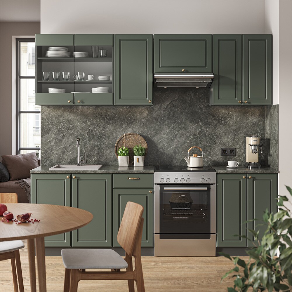 Vicco Küchenzeile Küchenblock Einbauküche Fame-Line Landhaus Anthrazit Grün Gold 240 cm Küchen Schränke Spülenunterschrank Schubunterschrank Hängeschrank Hängeglasschrank