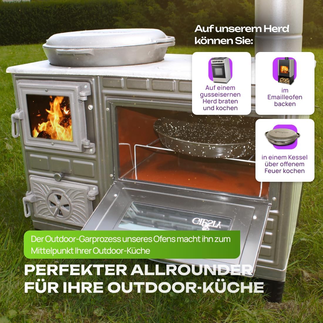 Outdoor-Küchenofen Terrassenofen, Holzofen mit Holz und Holzkohle, Garten-Kamin, Outdoor-Küchenherd, Kuzine Soba (Glastür+2 Rohre+wasserdichte Abdeckung)