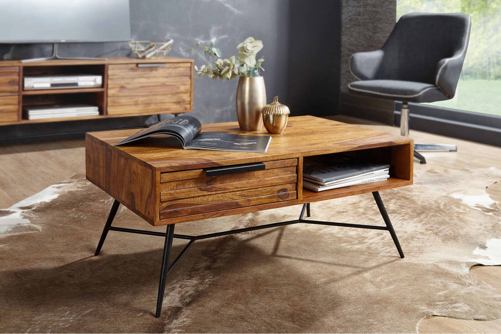 Couchtisch Nishan 55 x 87 x 41 Massivholz Sheesham braun
