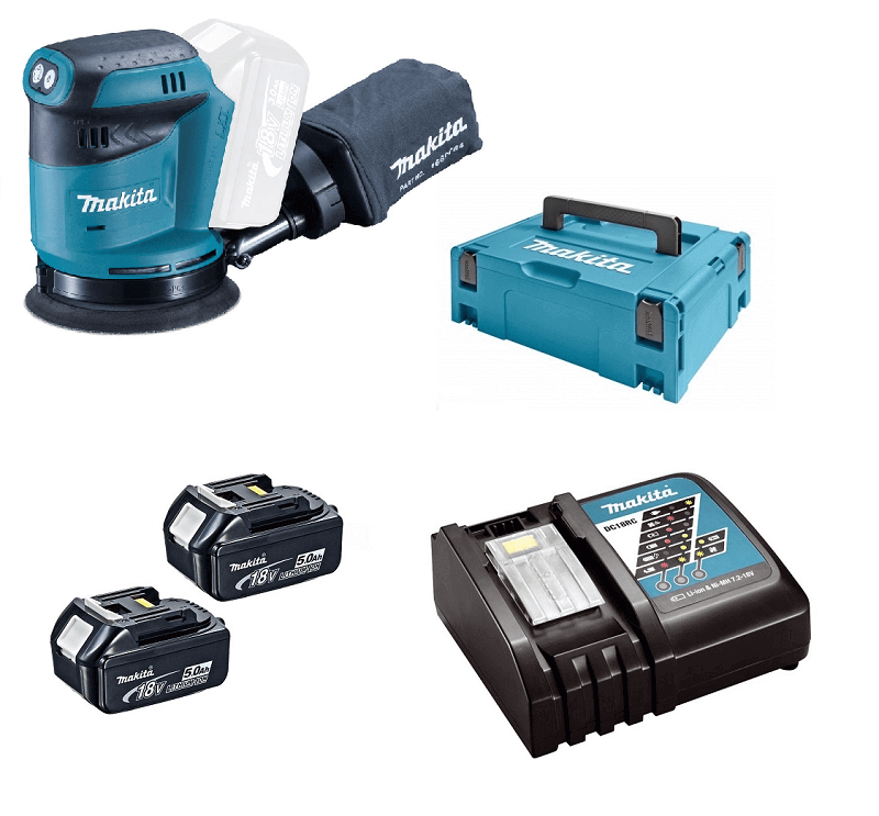 Makita DBO180RTJ 18V Li-ion accu excentrische schuurmachine set (2x5.0Ah) in Mbox - 125mm