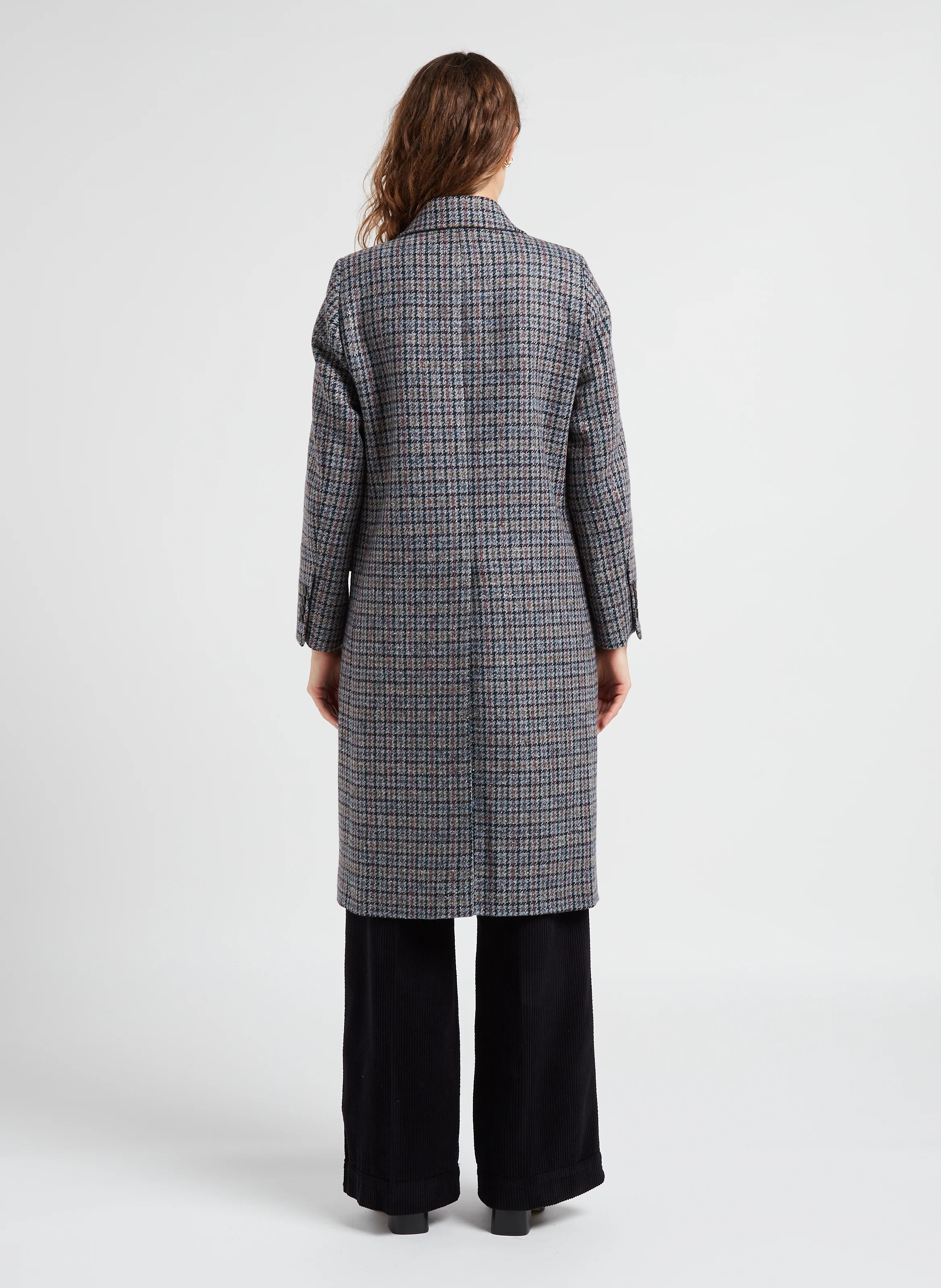 RODEZ - Manteau long col tailleur à carreaux en laine mélangée | Bleu