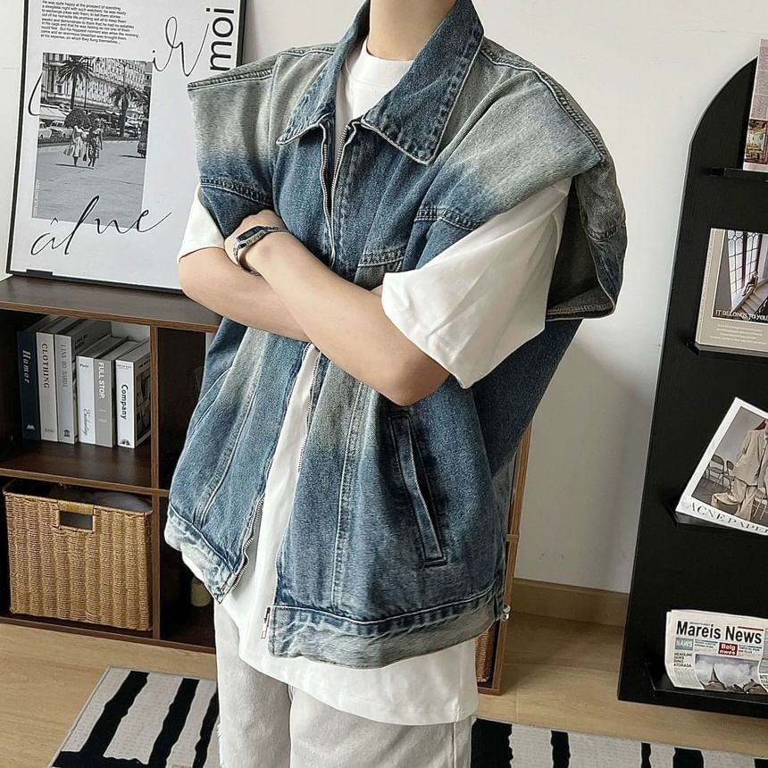 WidoWilder - Gewatteerde schoudervulling, gewassen denim vest met rits