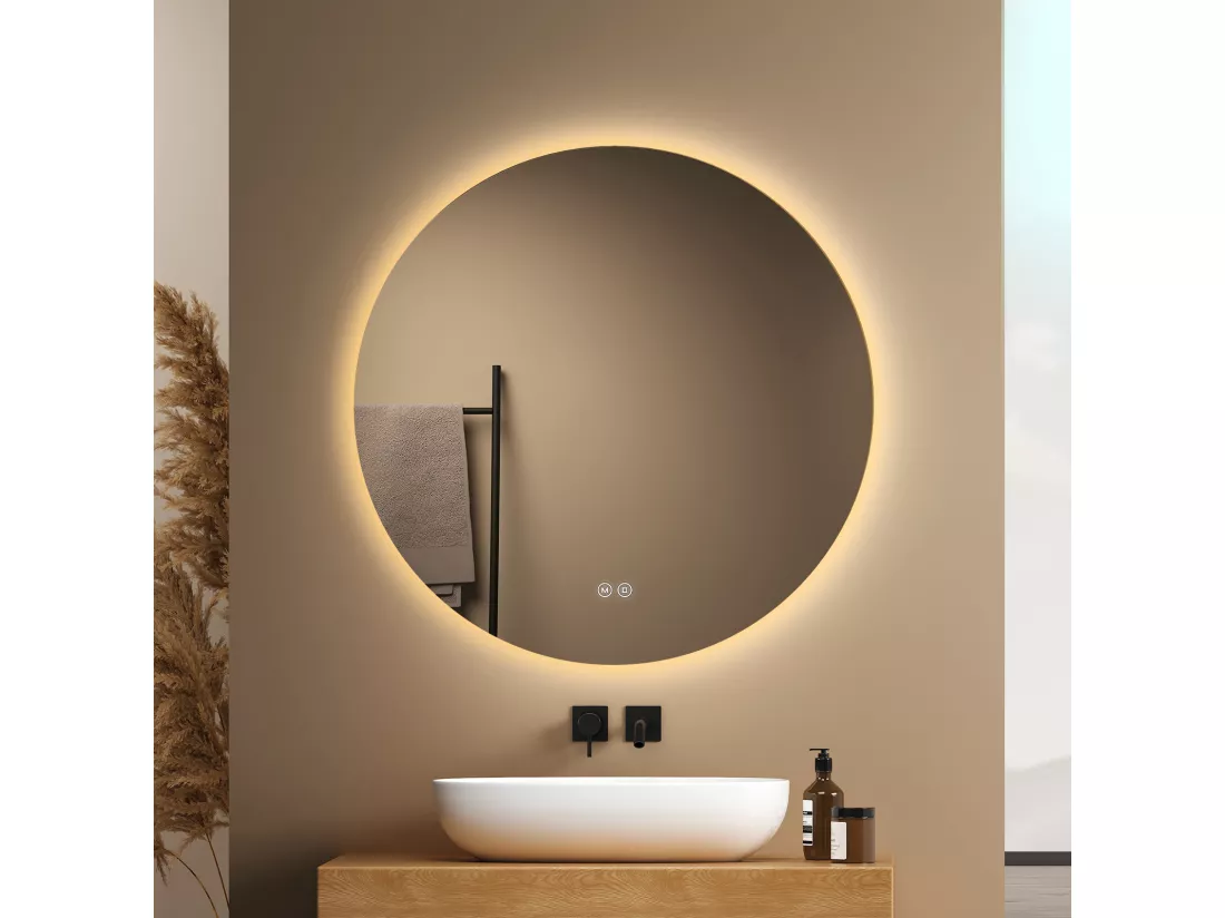 EMKE Miroir lumineux salle de bain rond diamètre 70cm, rétro-éclairage sans cadre, Interrupteur Tactile, Miroir avec éclairage Froide/Neutre/Chaude
