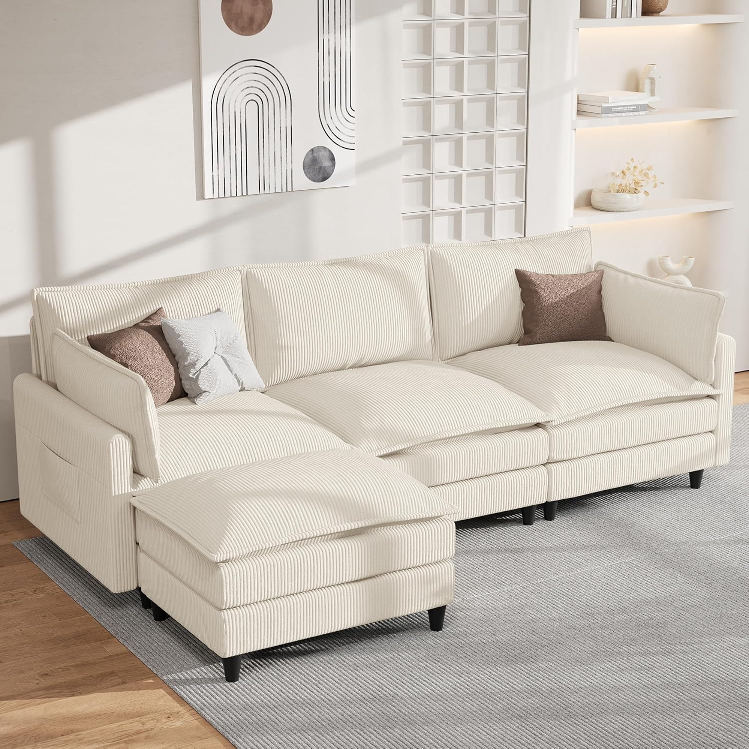 APICIZON Sofa mit Schlaffunktion, Cloud Couch, Sofa L Form, Eckcouch-275x132x80cm, Sofas XXL, Wohnzimmer Cord Schlafcouch, Seitliche Magazin-Aufbewahrungstasche, Beige