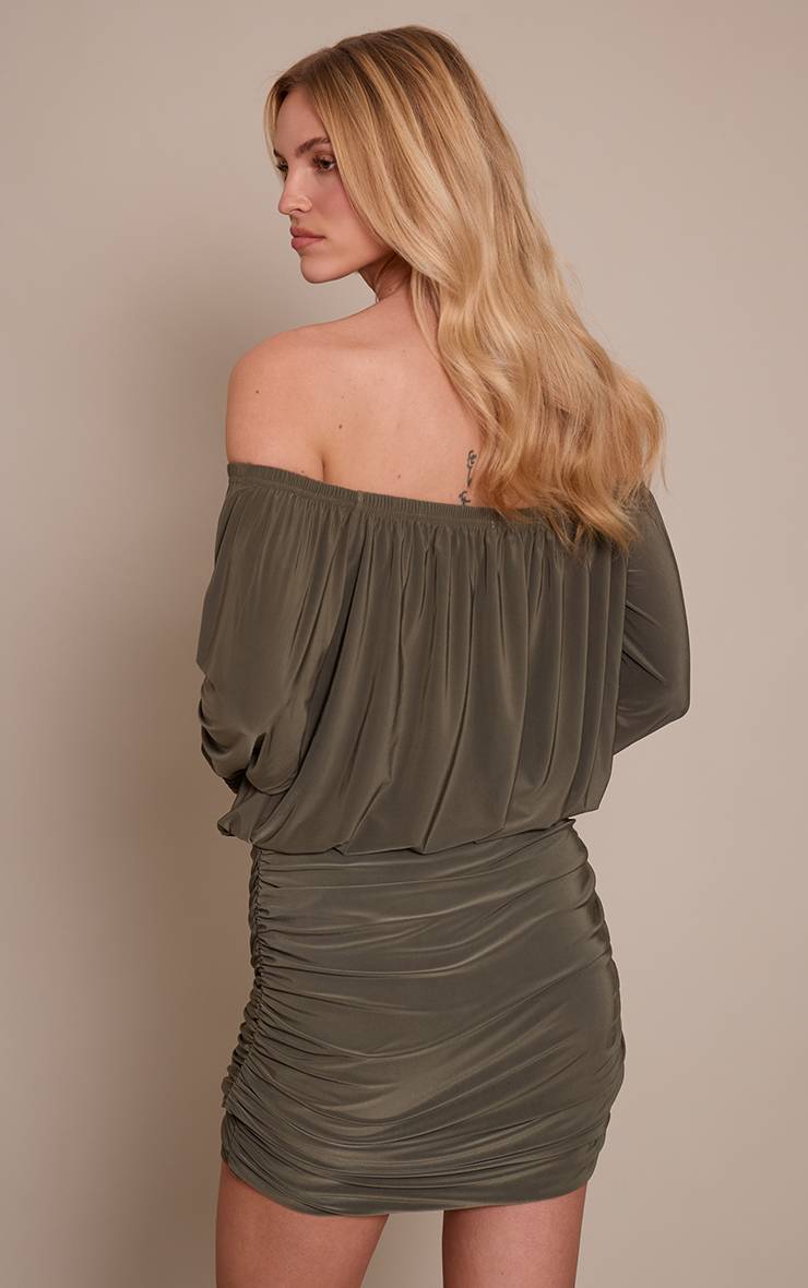 Kaki Robe Mini Drapée Bardot Slinky Double Couche