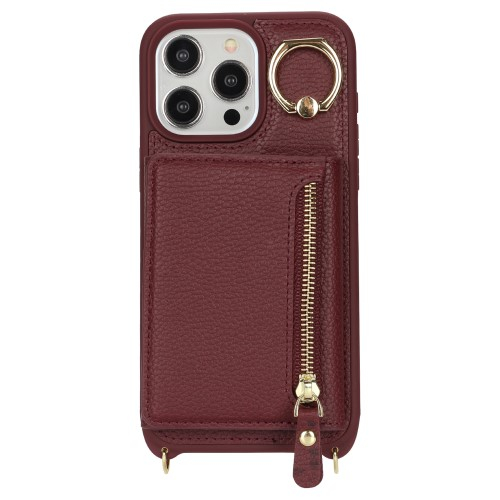 iPhone 15 Pro Necklace Leder Hülle mit Münzfach und Kartenfächer   Finger Griff Halterung   Handykette - Weinrot