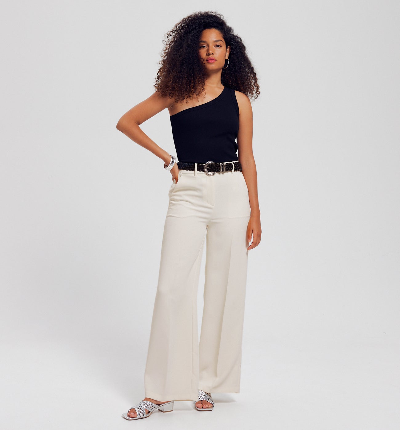 Pantalon large taille haute - Ecru