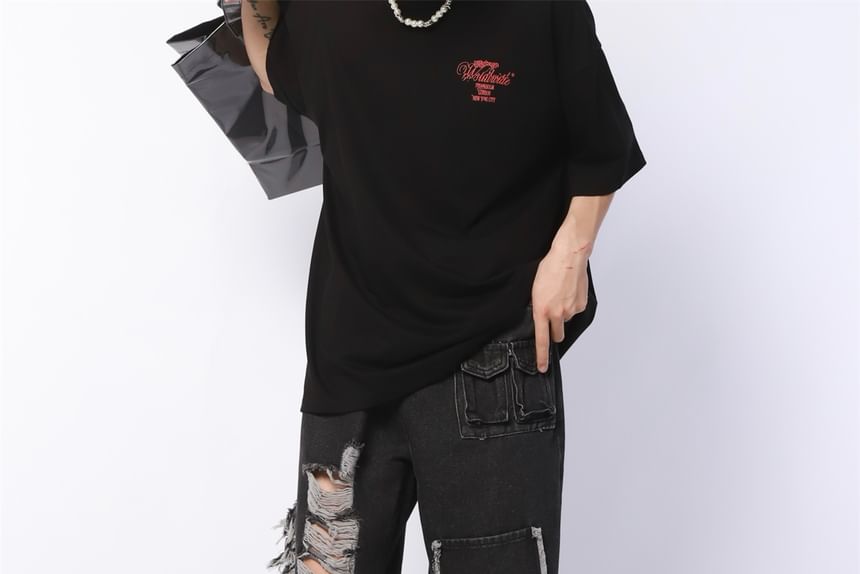 AXEN - Mid Rise Washed Ripped Flared Cargo Jeans