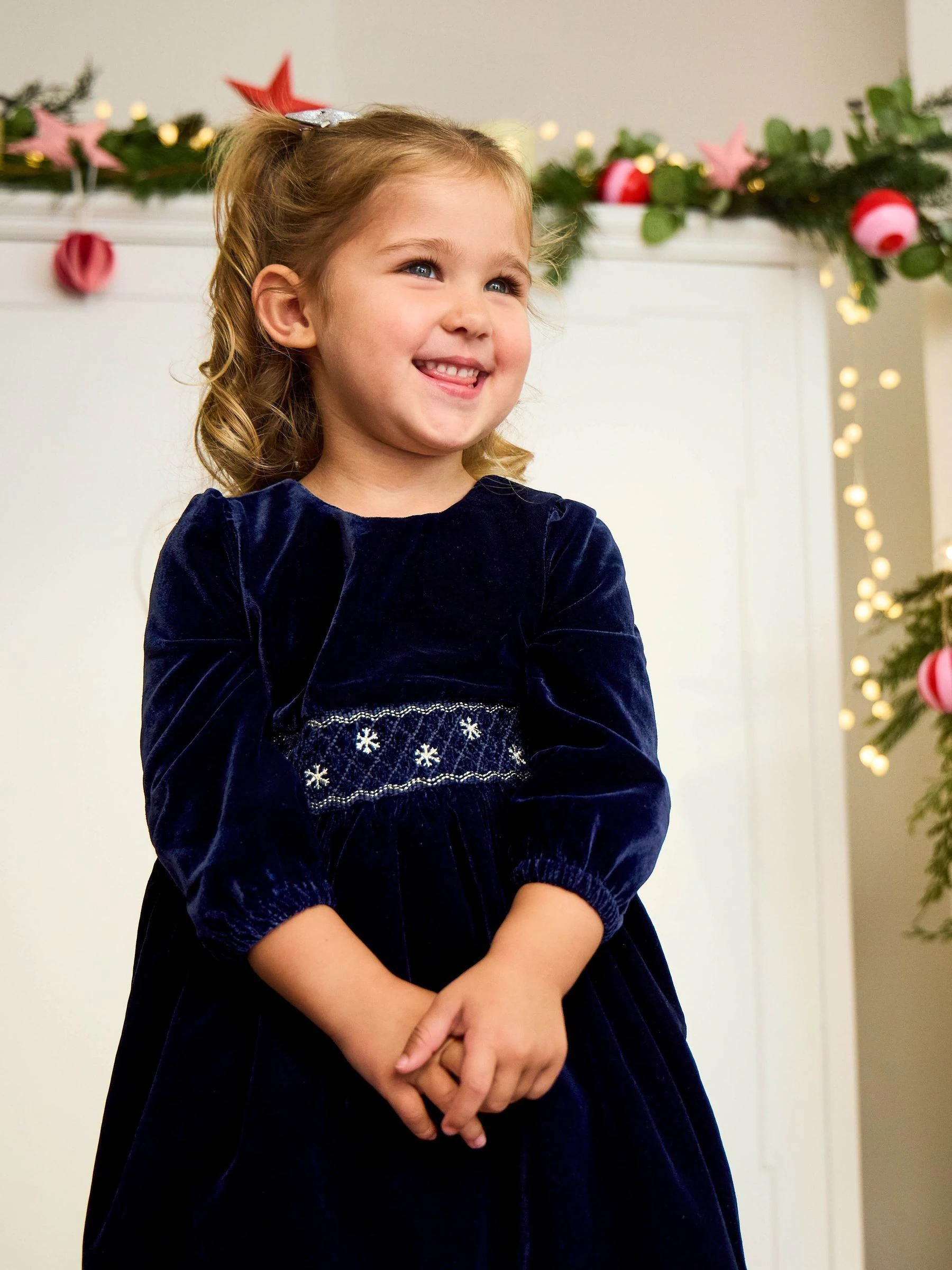 Donkerblauw - JoJo Maman Bébé Smocked Waist Velvet Party Dress