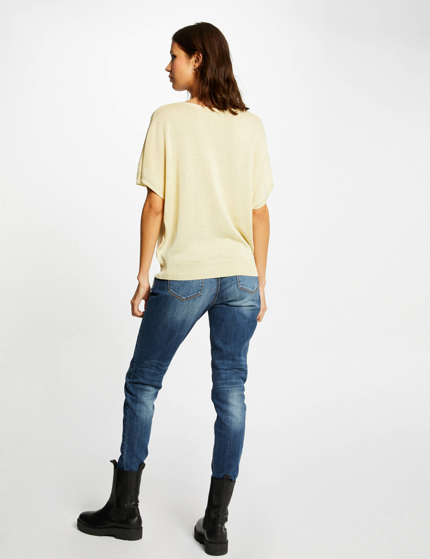 Pull manches courtes avec boutons jaune paille femme - jaune_paille