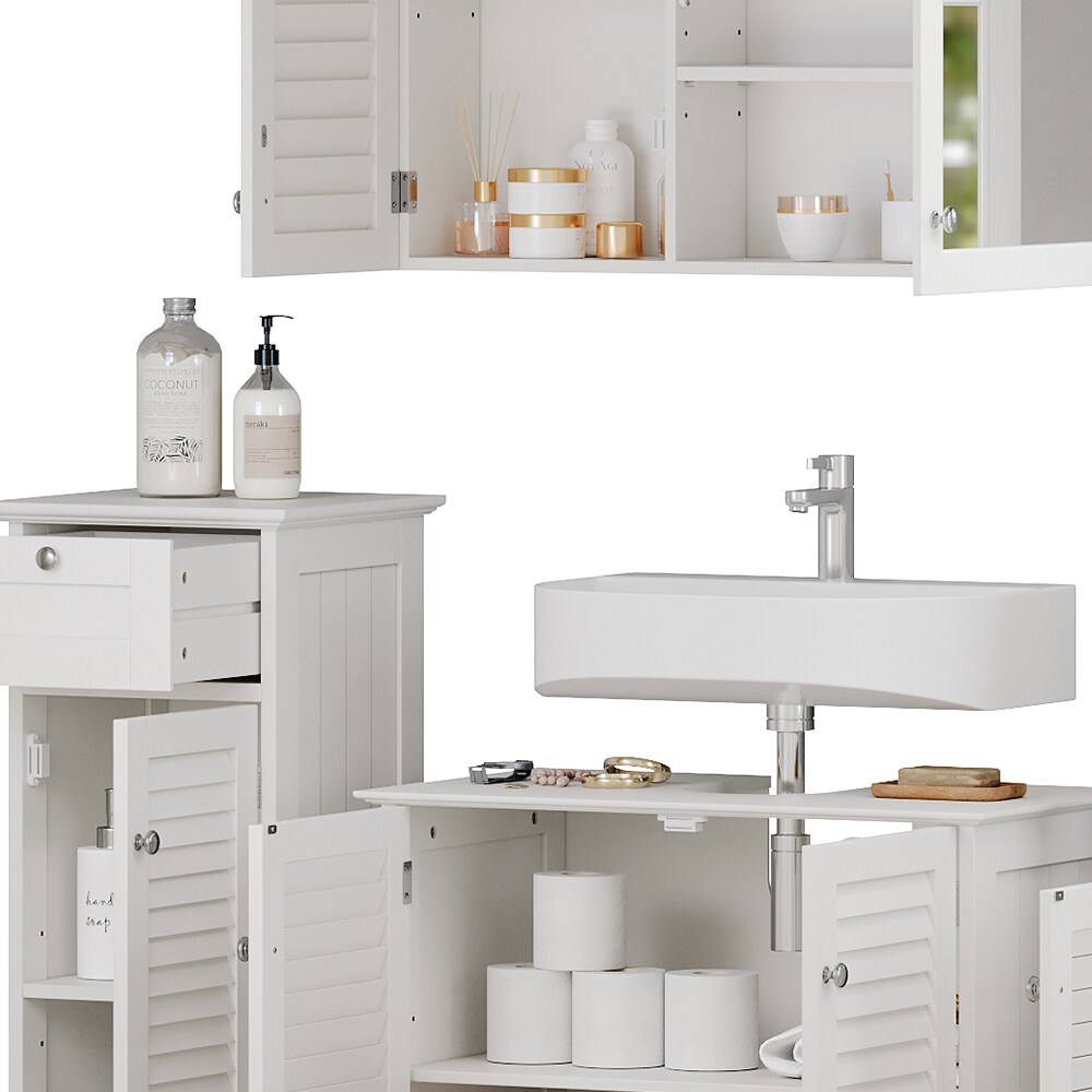 Vicco Badmöbel-Set Riad, Weiß, Badezimmer, moderne Badserie, Lamellen-Front, Waschtischunterschrank, Spiegelschrank, Midischrank, Hochschrank